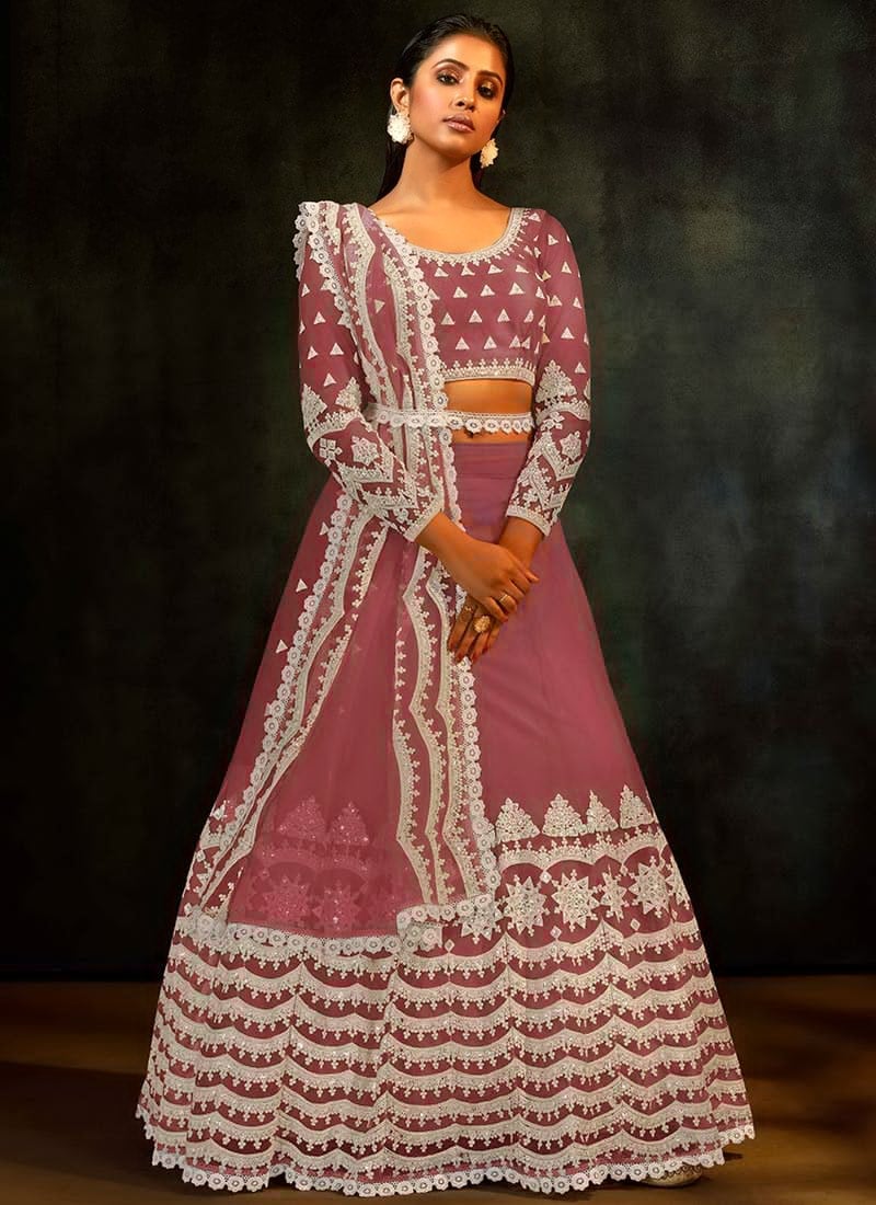 Mauve Net Embroidered N Sequins A Line Lehenga Wedding Wear