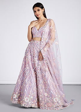Mauve Net Embroidered Umbrella Lehenga