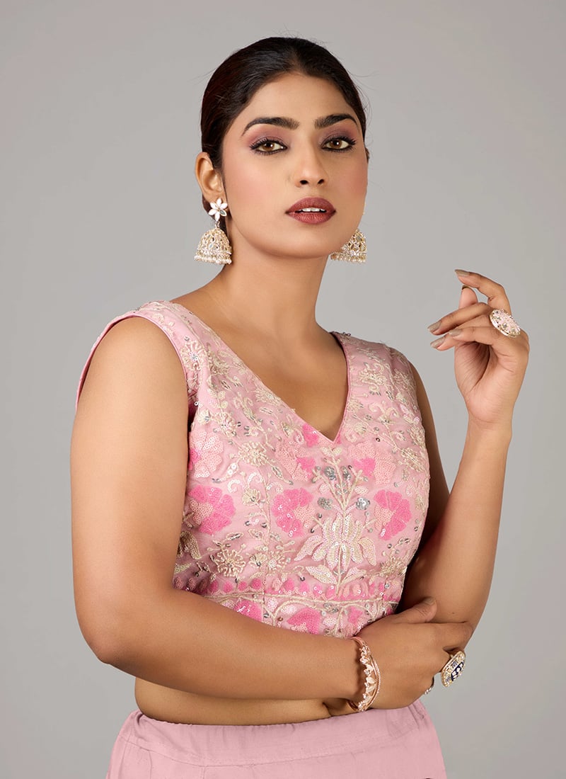 Mauve Net Embroidered V Neck Blouse Party Wear