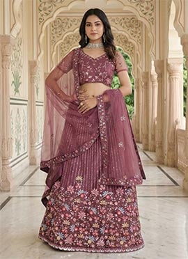 Mauve Net Sequins Embroidered A Line Lehenga