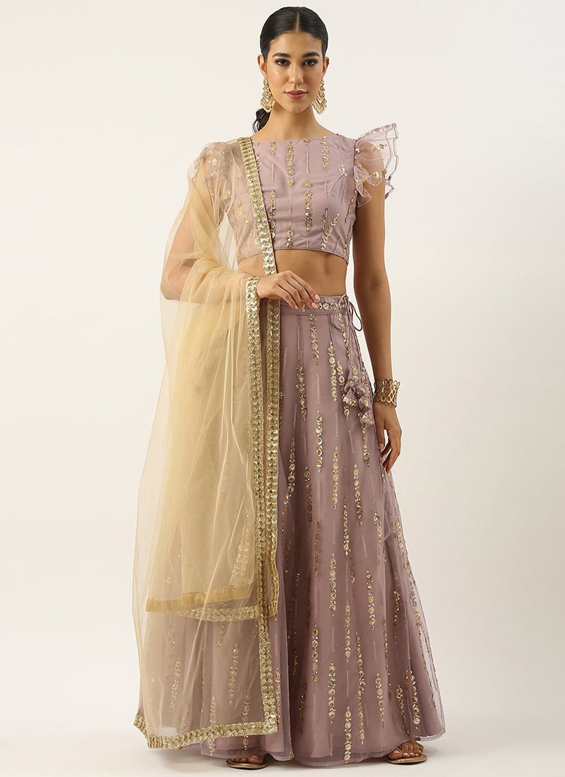 Teen Girls Mauve Net Sequins Embroidered Lehenga Set