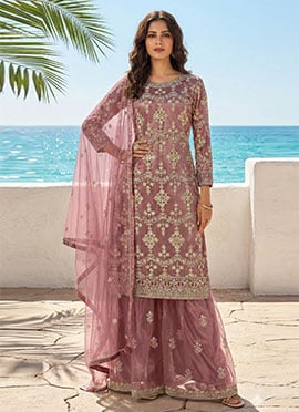 Mauve Net Sequins Palazzo Suit