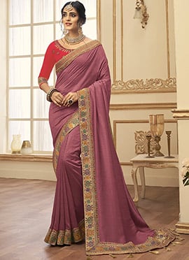 Mauve Vichitra Silk Resham Embroidery Saree