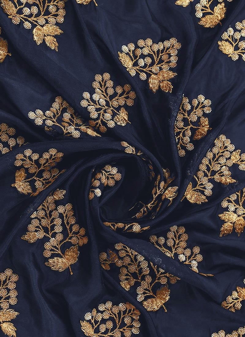 Medieval Blue Sequins Embroidered Chinon Fabric