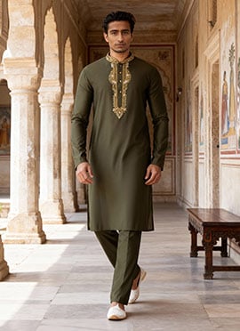 Mehendi Green Cotton Beads Work Kurta Pyjama