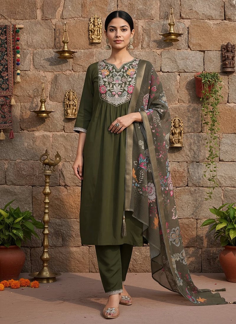 Mehendi Green Cotton Silk Hand Work Sequins Straight Pant Suit With Digital Print Dupatta Festive Wear