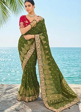 Mehendi Green Dola Viscose Silk Zari Embroidered Sequins With Moti Work Saree