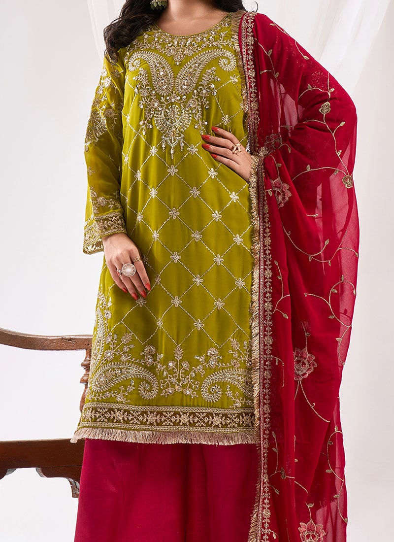 Mehendi Green Traditional Designer Semi-Stitched Pant Suit With Embroidery Work