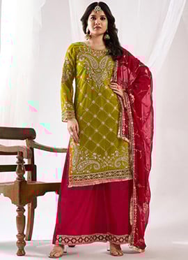 Mehendi Green Embroidered Zari Sequins Pakistani Suit