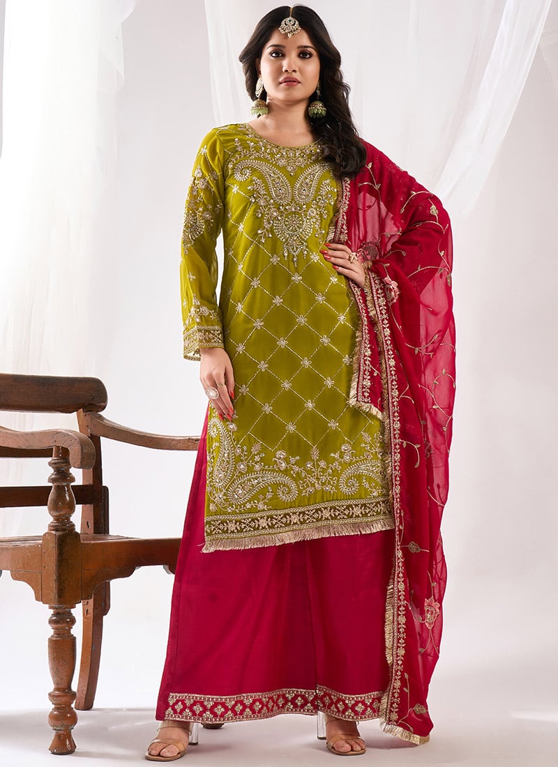 Mehendi Green Embroidered Zari Sequins Pakistani Suit
