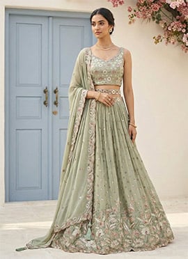 Mehendi Green Georgette Cord Work Emboidered Sequins Lehenga
