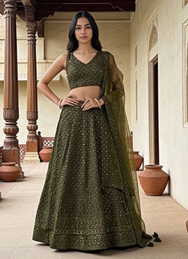 Mehendi Green Faux Georgette Embroidered Sequins Lehenga