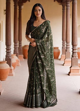 Mehendi Green Georgette Foil Print Saree