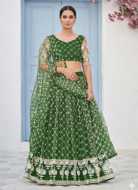Mehendi Green Net Bollywood Style Umbrella Lehenga With Embroidery