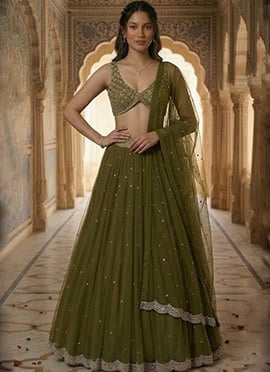 Mehendi Green Sequins And Stone Work Net Lehenga