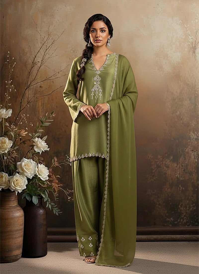 Mehendi Green Silk Zari Mirror Work Farshi Style Salwar Suit Festive Wear