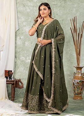 Mehendi Green Silk Zari Sequins Lehenga Wedding Wear