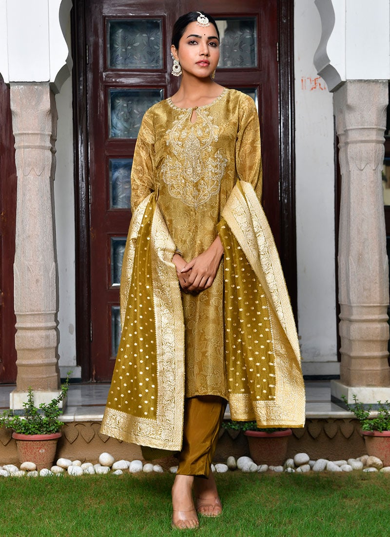 Mehendi Green Tissue Floral Print Embroidered Sequins Straight Pant Suit After Six Wear
