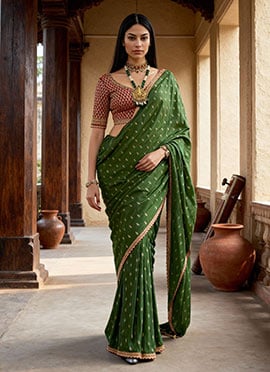 Mehendi Green Viscose Crepe Zari Embroidered Sequins Saree