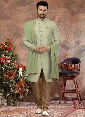 Mehndi Green Jacquard Silk Zari Work Classic Sherwani