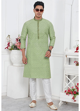 Mens Green Silk Jacquard Brocade Kurta Pyjama Set