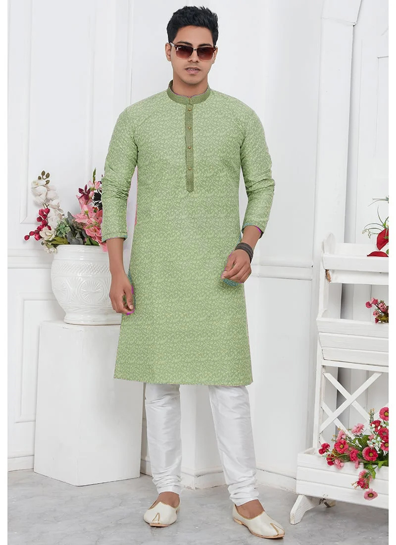 Mens Green Silk Jacquard Brocade Kurta Pyjama Set Festive Wear