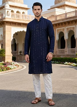 Mens Navy Blue Silk Embroidered Mirror Embossed Kurta Pyjama
