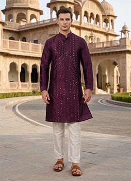 Mens Wine Silk Embroidered Mirror Embossed Kurta Pyjama