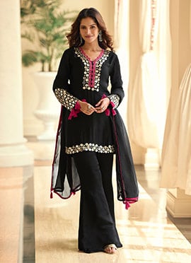Midnight Black Shimmer Silk Embroidered Mirror Work Palazzo Suit