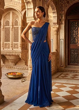 Midnight Blue Pre Draped Saree With Hand Embroidered Embellished Blouse
