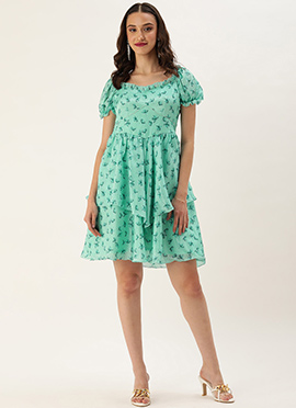 Teen Girls Mint Blue Chinon Digital Printed Dress