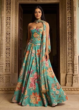 Mint Blue Faux Georgette Digital Printed Lehenga