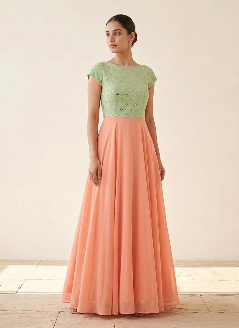 Mint Embroidered Faux Georgette Gown After Six Wear