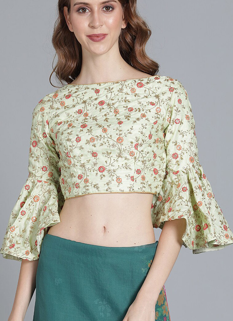 Mint Green Embroidered Art Silk Blouse Festive Wear