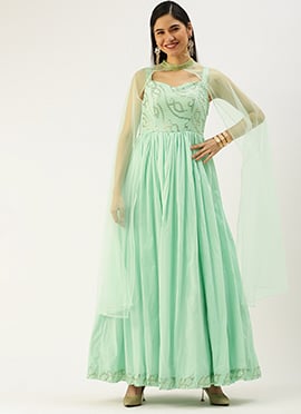 Mint Green Embroidered Gown With Cape