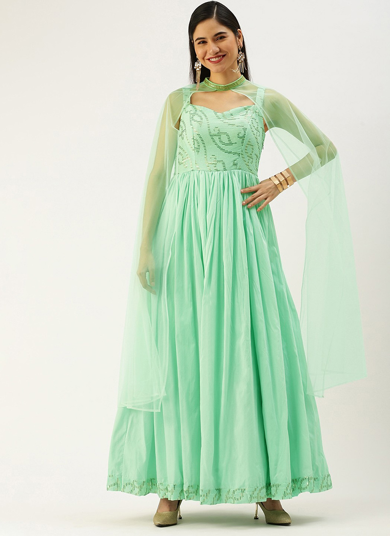 Mint Green Embroidered Gown With Cape Party Wear