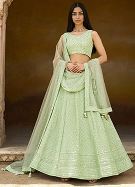 Mint Green Georgette Embroidered Sequins Lehenga