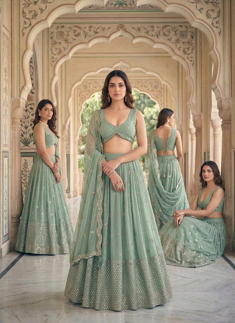 Mint Green Georgette Zari Sequins Embroidered A Line Lehenga Wedding Wear