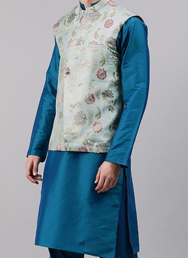 Shop Mint Green Jacquard Bandi With Teal Blue Kurta Set Party Wear