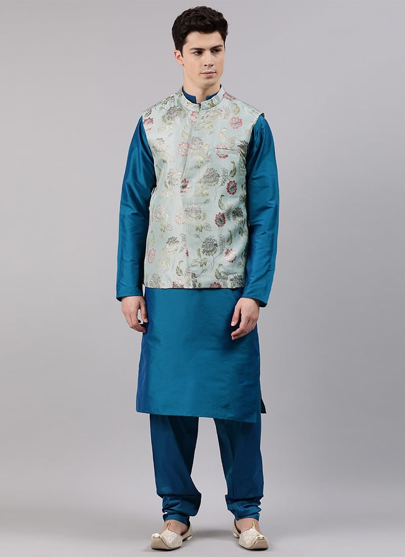 Shop Mint Green Jacquard Bandi With Teal Blue Kurta Set Party Wear