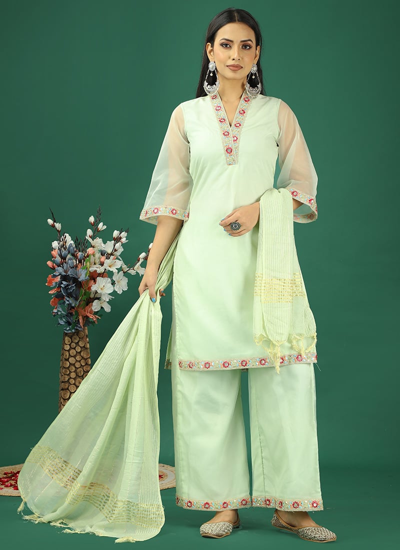 Mint Green Organza Wide Leg Pant Suit Festive Wear