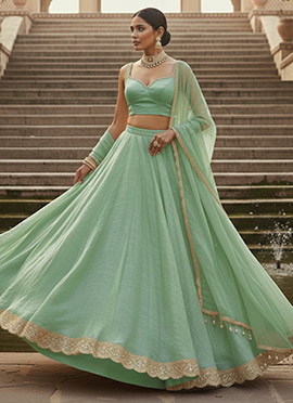 Mint Green Silk Designer Umbrella Lehenga