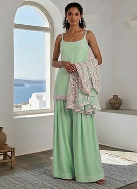 Mint Green Silk Hand Embroidered Indowestern Jacket Palazzo Set