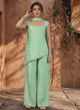 Mint Green Silk Zari Hand Embroidered Mirror Work Palazzo Suit