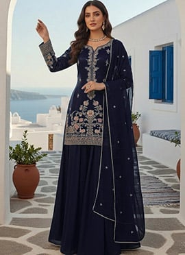 Modern Blue Rangoli Georgette Zari Sequins Palazzo Suit