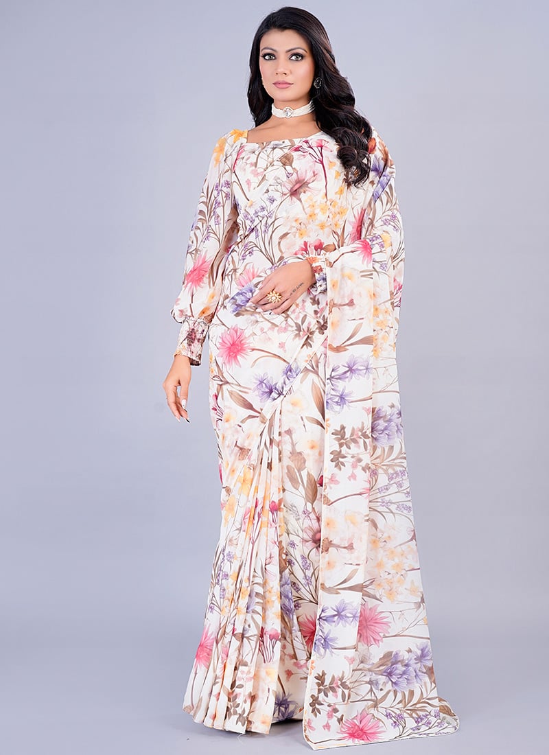 Multi Color Georgette Zero Shoulder Blouse N Saree Party Wear