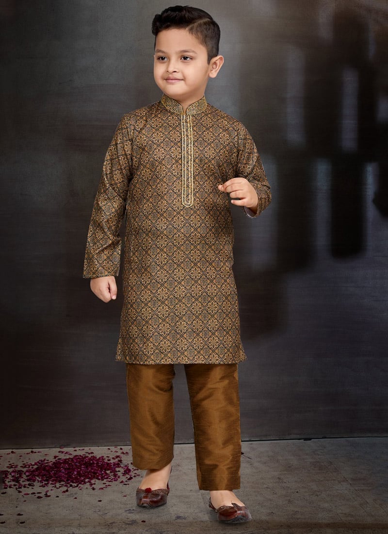 Multi Colored Blended Cotton Printed Kids Boys Kurta Pyjama Festive Wear