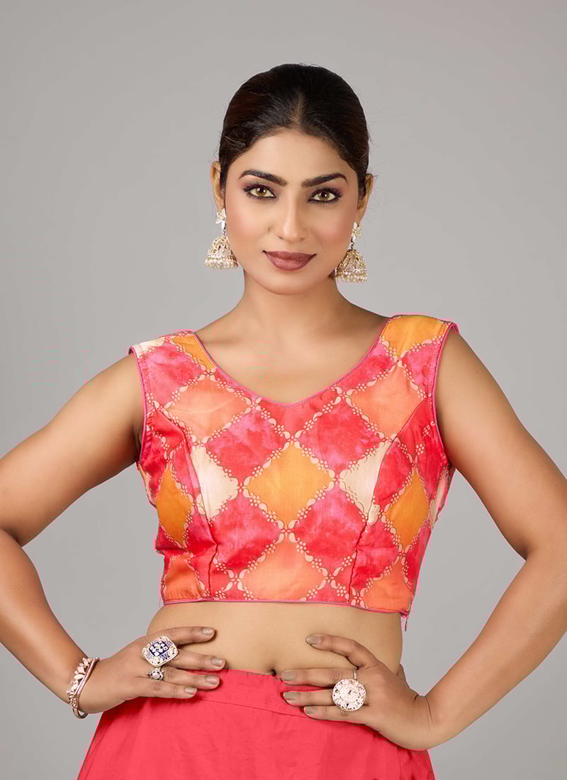 Multi Colour Cotton Printed V Neck Blouse Festive Wear