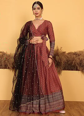 MultiColor Chinon Digital Printed Lehenga Set