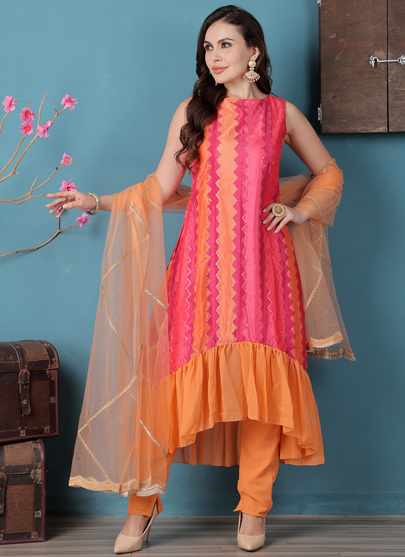 Designer Party Wear Chinon Salwar Suit Beige Chinon Pant Straight main image 1